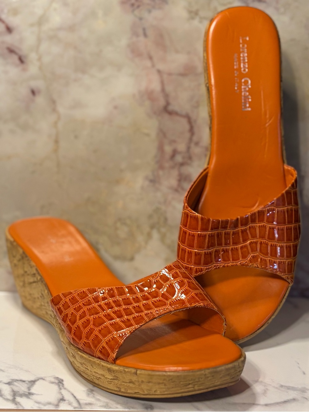 Croc-Embossed Orange Wedge Slide Sandals